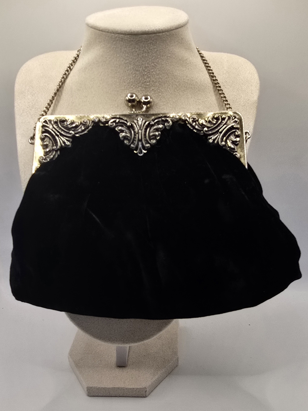 Classic Black Velvet Evening Bag with Ornate Silver Frame
